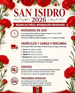 Con motivo de San Isidro 2026, recordamos la información importante relativa al recinto de peñas en el Parque Cristóbal Gabarrón.